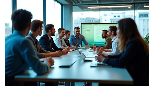Un equipo diverso de profesionales de salud digital trabajando colaborativamente en una oficina moderna y tecnológica, representando la expansión del equipo de Senda Plena en 2023.