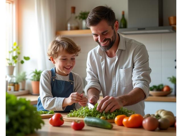 Padre e hijo riendo mientras cocinan de forma saludable