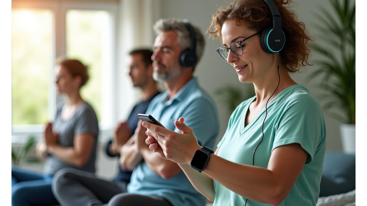 Adultos maduros sonriendo mientras usan tabletas para programas de bienestar