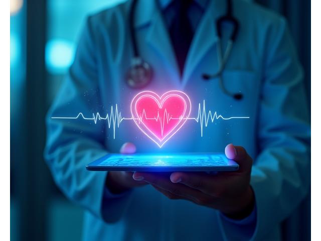 Imagen conceptual de un corazón saludable con ondas de pulso digital y un cardiólogo consultando datos en una tablet.
