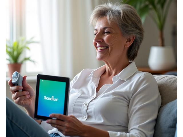 Mujer mayor sonriente midiendo su nivel de glucosa en casa con un monitor digital y una aplicación en su tablet.