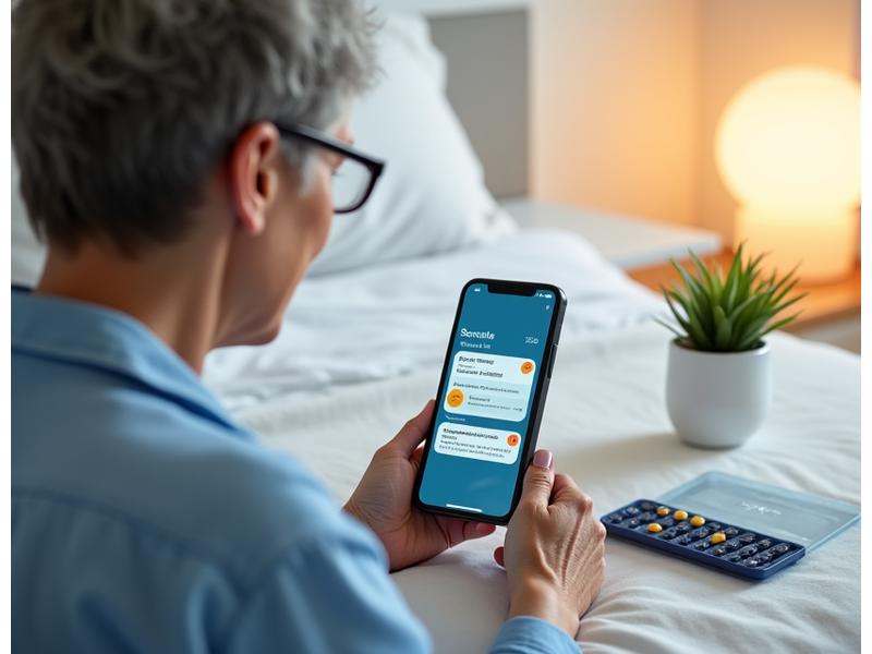 Una mujer mayor usando una aplicación en su smartphone para gestionar sus medicamentos, con notificaciones y un calendario digital visible en la pantalla, y varias pastillas organizadas en un pastillero inteligente en segundo plano.