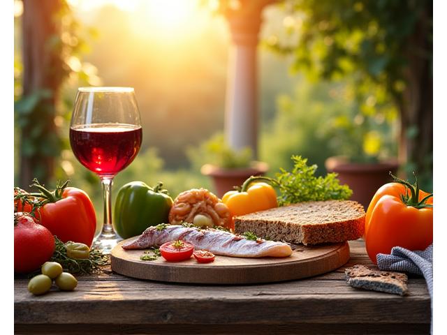 Una mesa llena de alimentos frescos y saludables típicos de la dieta mediterránea, como pescado, aceitunas, tomates y vino tinto, en un entorno soleado.