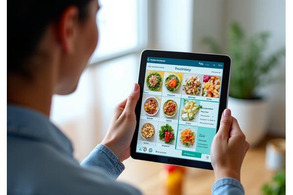 Una nutricionista sonriente haciendo una videollamada con un paciente, mostrando un plan de comidas saludables en su pantalla.