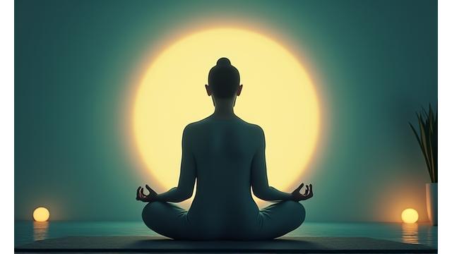 Persona meditando con una luz tenue de fondo.