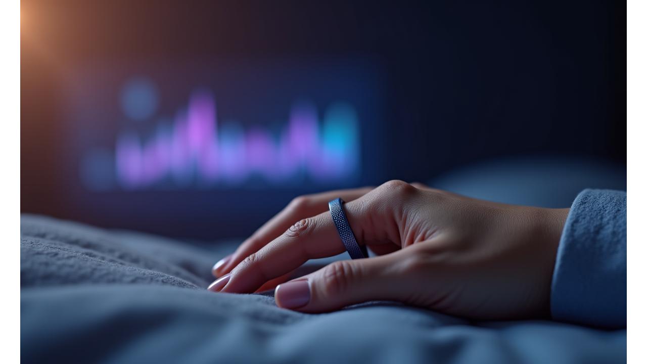 Oura Ring Gen3 en un dedo, con fondo de datos de sueño.